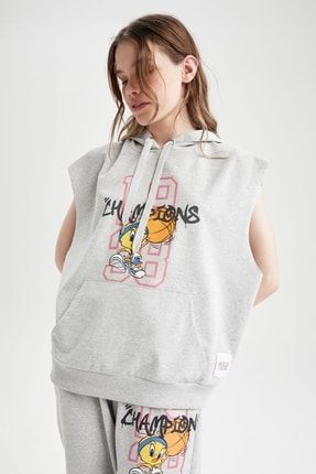 Looney Tunes Tweety Oversize Fit Kapüşonlu Kolsuz Sweatshirt X0938AZ22SP