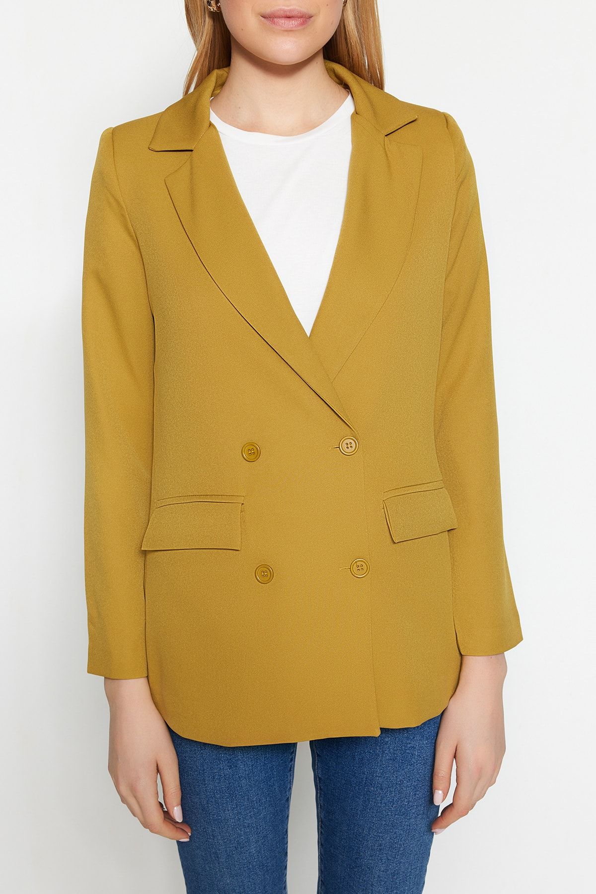 Trendyol Collection-Light Brown Regular Lined Double Breasted Closure Button Detailed Woven Blazer Jacket TWOAW21CE0264 4