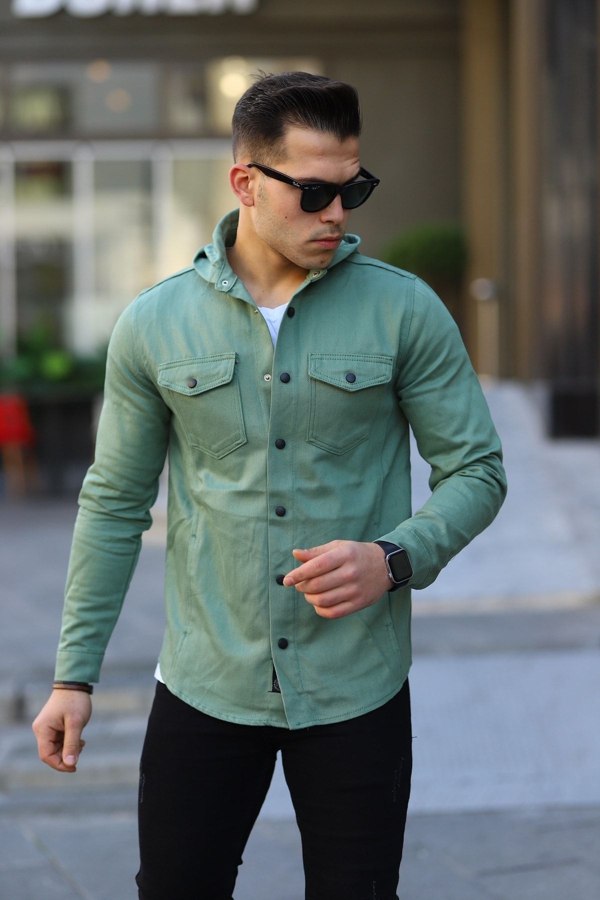 Green denim shirt mens hotsell