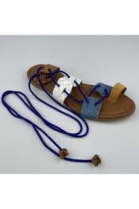 Mavi Beyaz - Lacivert Ipli Kadın Sandalet Topuk 1 cm INTAST00248