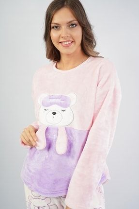 Kadın Ayıcık Desenli Polarlı Kışlık Pijama Takımı LNGEPU-3028