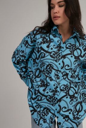 Kadın Mavi Yarasa Kollu Oversize Gömlek P21s201-2055 P21S201-2055-1