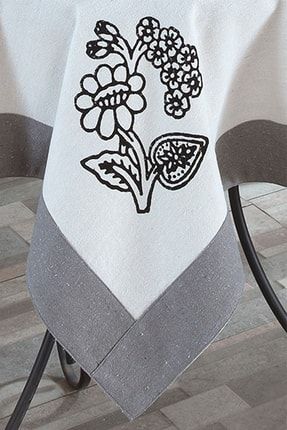 Buldan Kumaşı Bordürlü Taş Baskılı Çiçek Desenli Masa Örtüsü DP027-3-MK