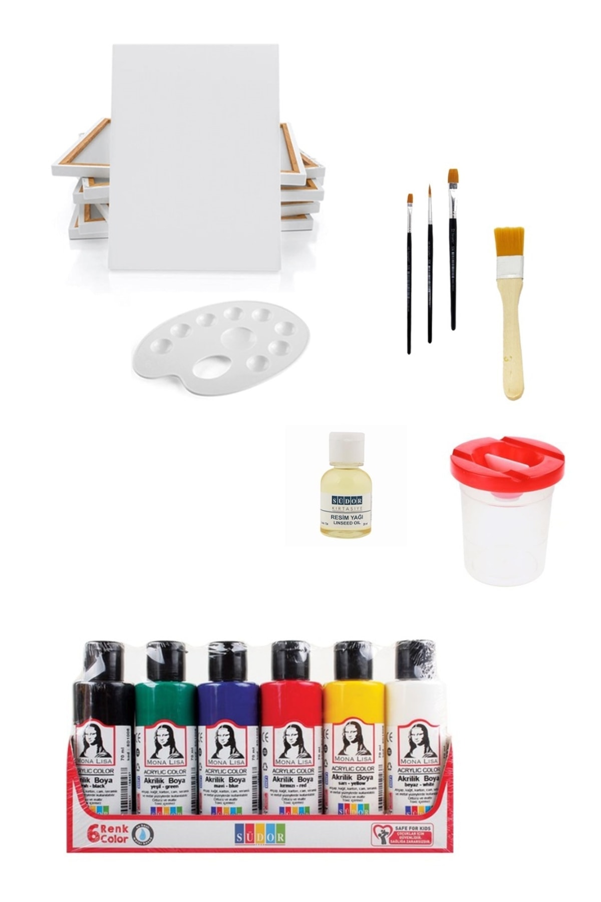 everart Akrilik Boya Seti, 35x50 Tuval, Fırça, 6'lı Akrilik Boya, Palet, Su Kabı, Resim Verniği