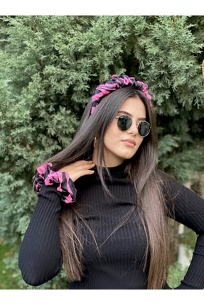 KİKİYS Siyah Pembe Zebra Desenli Kadın Taç Ve Saç Tokası Set