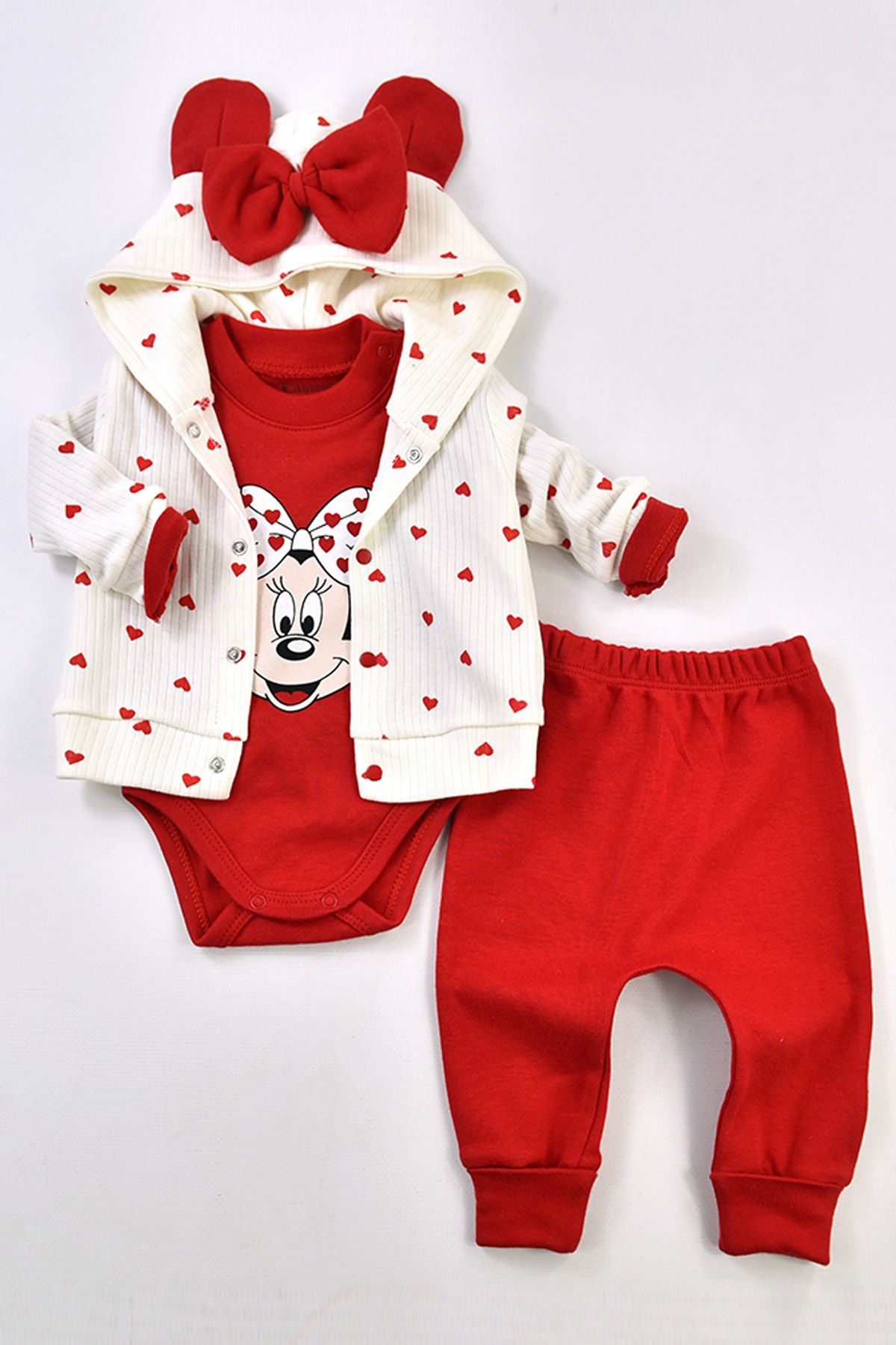 miniyou Kız Bebek Takım Mikili Kapüşonlu Kalp Desenli Hırkalı 3lü Body Takım My-4011mc