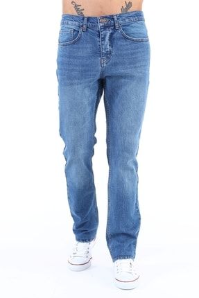 Erkek Açık Mavi Yüksel Bel Bol Kesim Boru Paça Kot Pantolon Regular Fit Jean - C336
