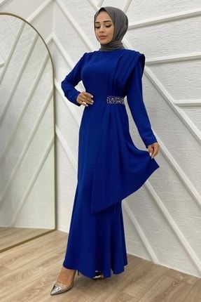 Sağ Yanı Taşlı Pileli Fırfırlı Elbise-saks Mavi 12363