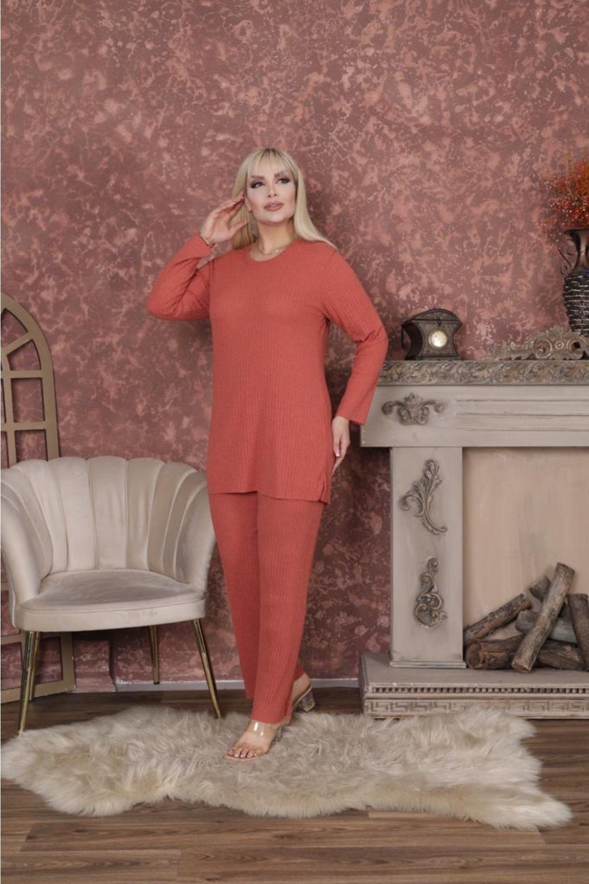 LOVİNS Geniş Kalıp Anne Takımı Kışlık Uzun Kollu Büyük Beden Pijama Takımı Ikili Takım SE10900
