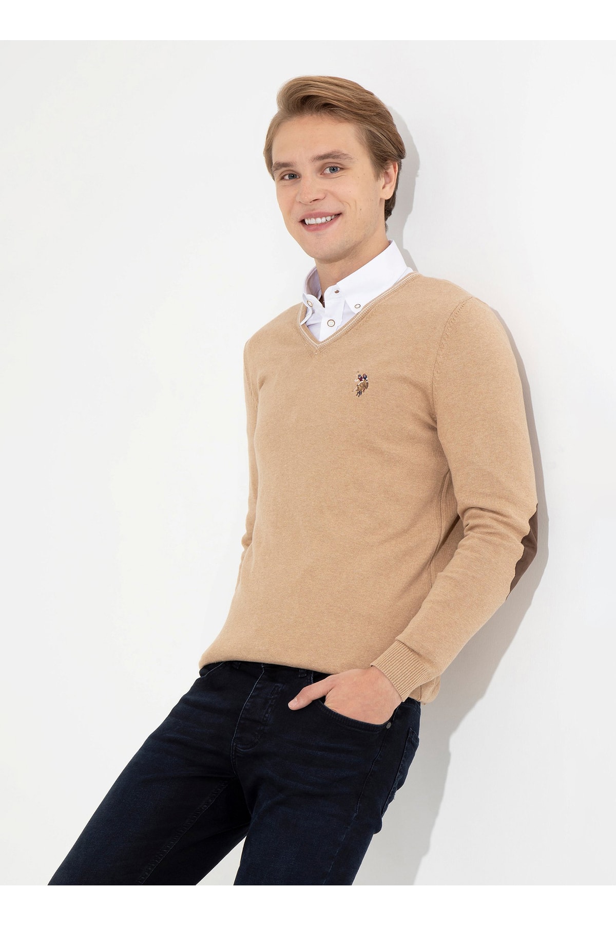 یو اس پولو پلیور مردانه یقه گرد طرح شتری ملانژ Td03-bsk22