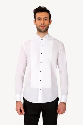 Erkek Beyaz Ata Yaka Slim Fit Piliseli Gömlek M101214M010_102