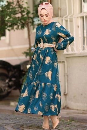 Fırça Desen Kemerli Tesettür Elbise - Indigo MS000MP001474