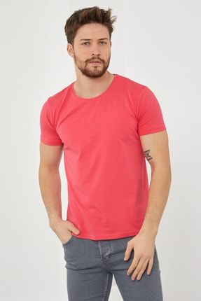 Erkek Nar Çiçeği Düz Slim Fit Likralı T-shirt-dztsrtr05s DZTSRT