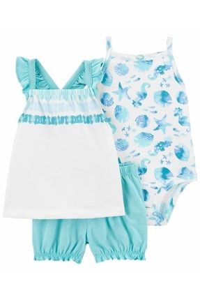 Kız Bebek Bluz Body Şort Set 3'lü Paket Mavi 1N040410