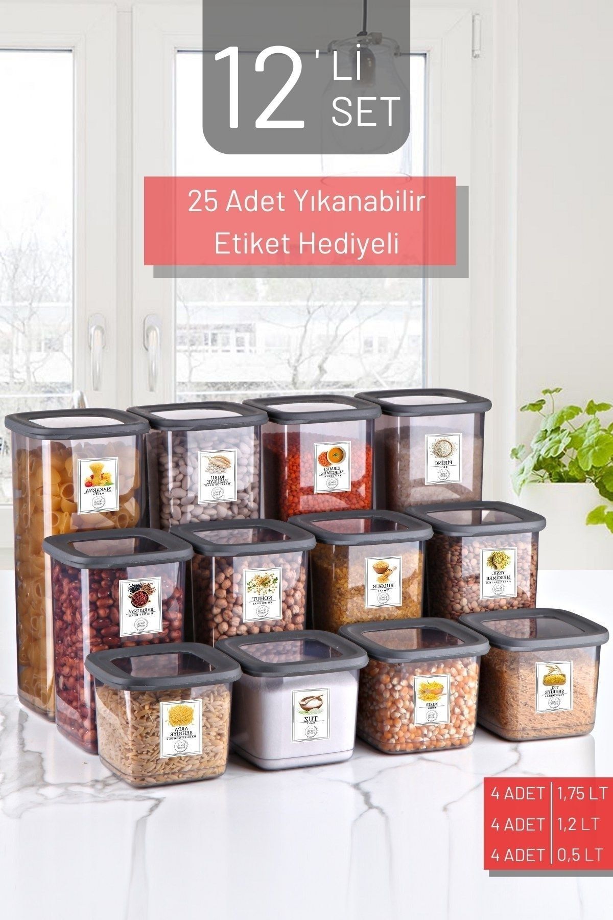 Nandy Home-Set of 12 Labeled, Unbreakable Square Food Storage Container Anthracite X4 1.75 Lt/1.2 Lt/0.5 Lt 1