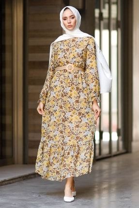 Yaprak Desenli Şifon Tesettür Elbise - Hardal MS00AN1012
