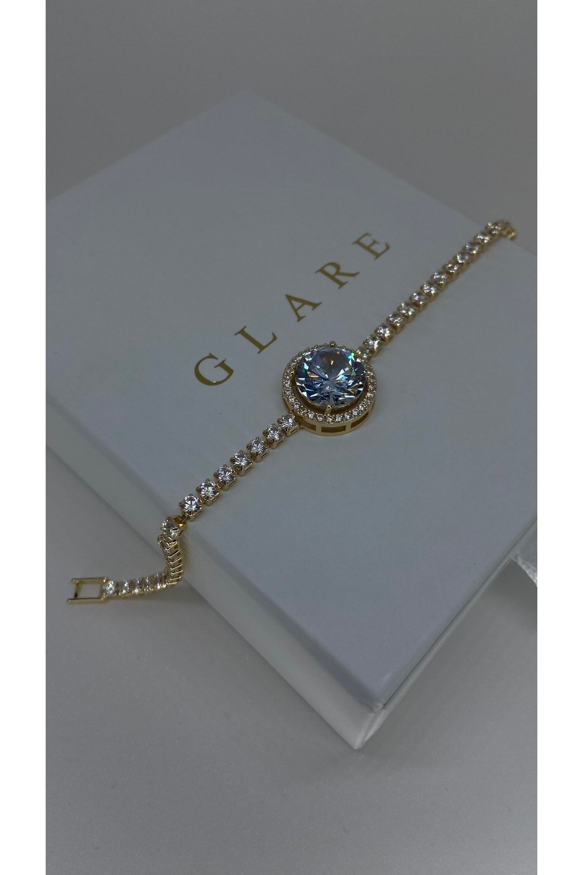 GLARE JEWELRY Pırlanta Montür Ithal Swarovski Taş Gold Su Yolu Çelik Bileklik