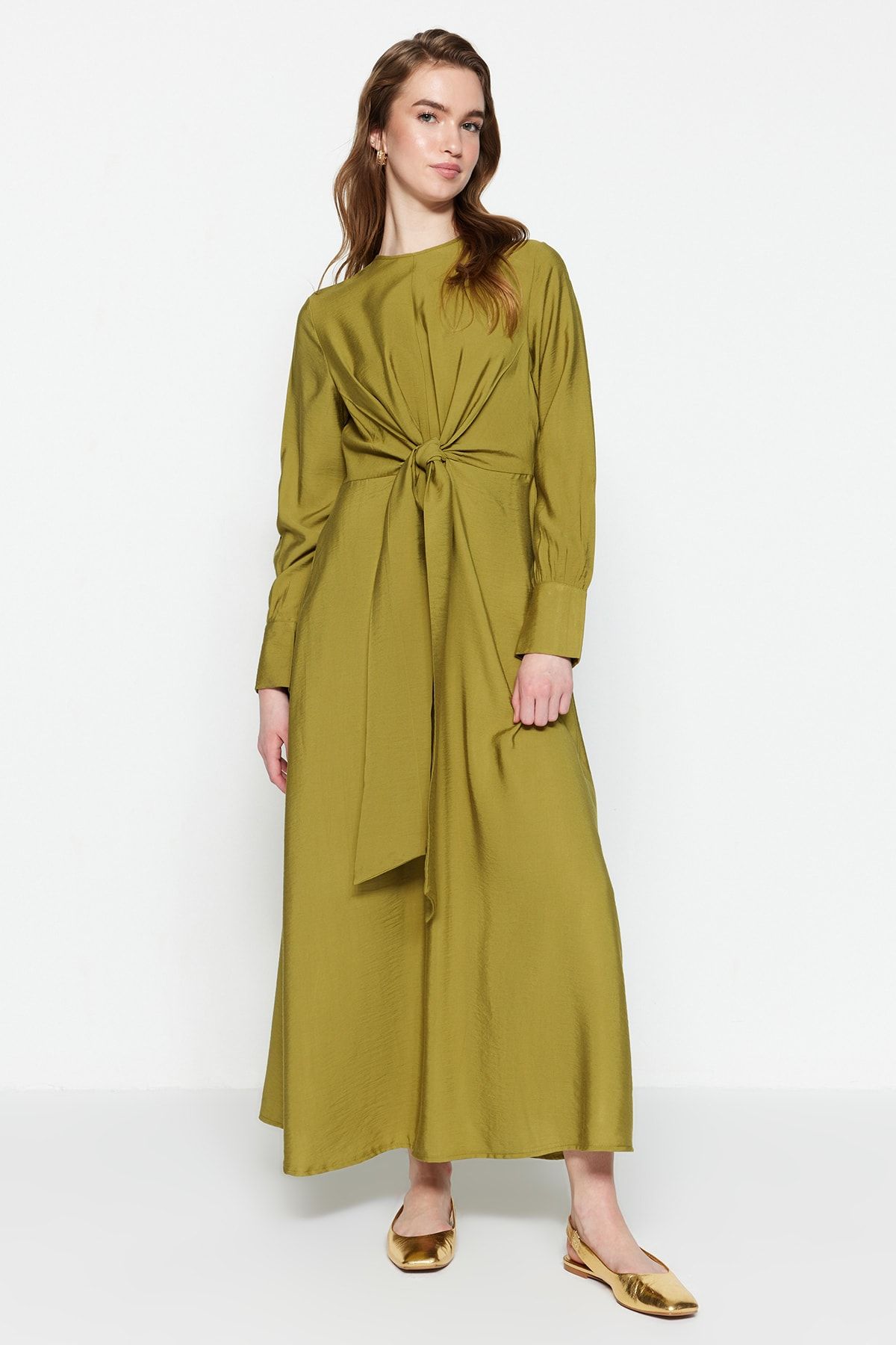 Trendyol Modest Yağ Yeşili Beli Bağlama Detaylı Dokuma Elbise TCTSS23EB00221 RN10041