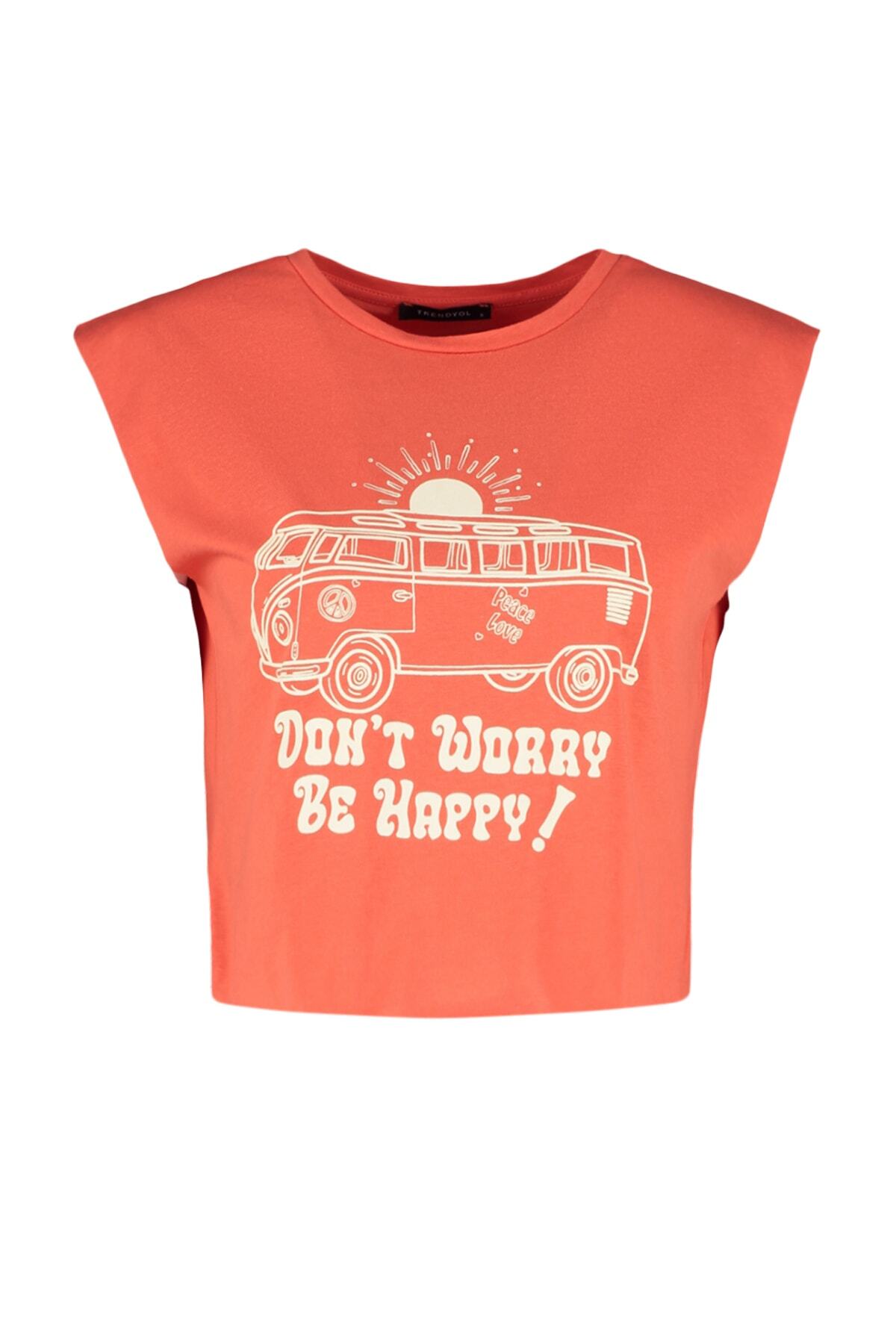 Trendyolmilla  Kırmızı %100 Pamuk Baskılı Kolsuz Relaxed/Rahat Kalıp Crop Bisiklet Yaka Örme T-Shirt TWOSS23TS00122 - Görsel 6