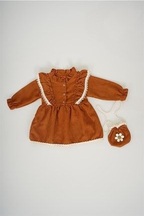 Kız Bebek Uzun Kol Papatya Desenli Çantalı Elbise MNKKDS-2053