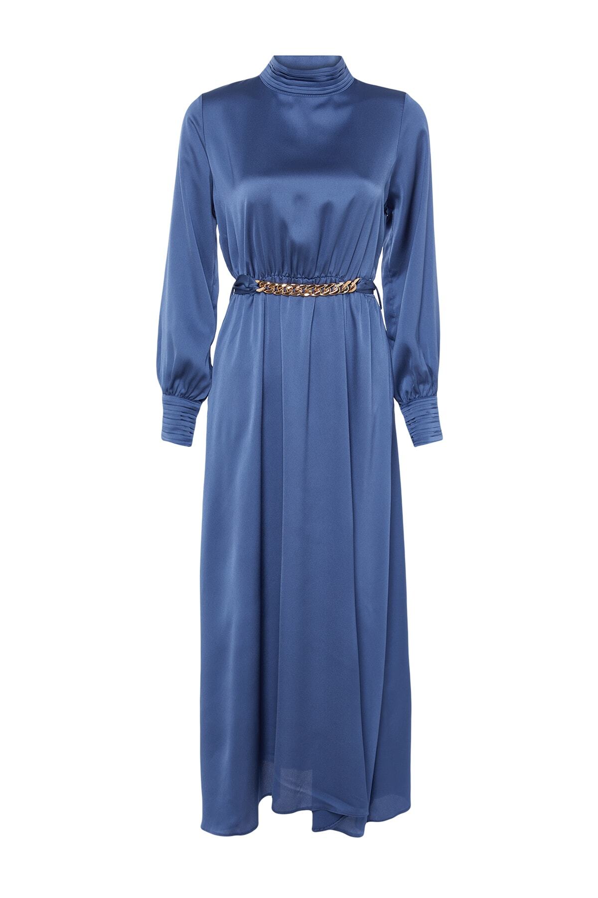 Trendyol Modest-Rochie de seară cu guler și manșete, detaliată, țesută cu curea, albastru închis TCTSS22EB0142 6