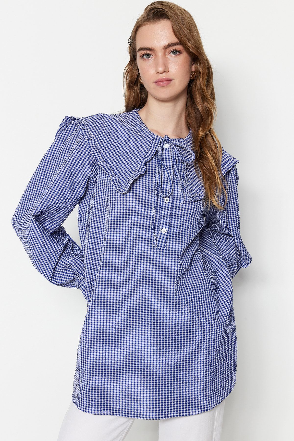 Trendyol Modest-Kék baba nyakörv Gingham mintás szőtt tunika TCTSS23UK00065 8