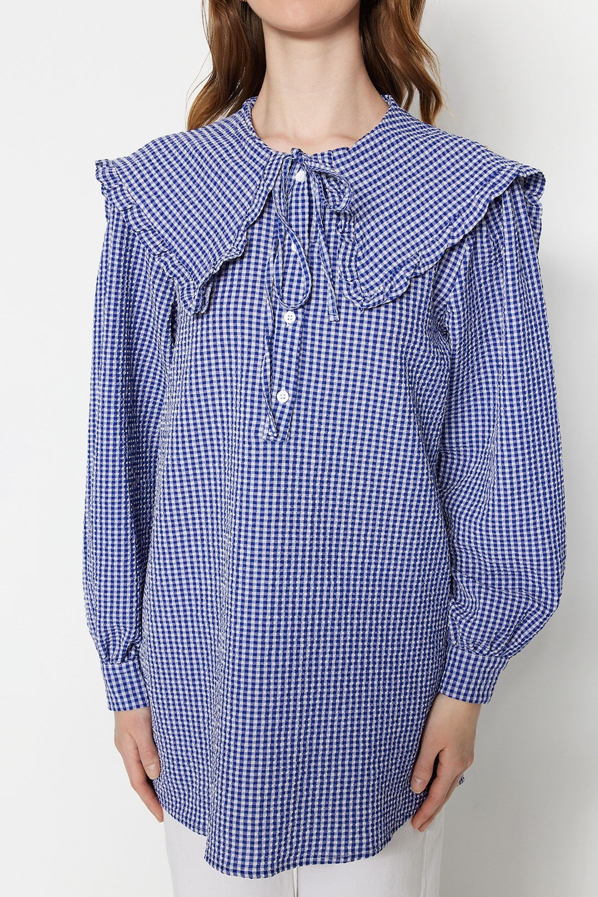 Trendyol Modest-Kék baba nyakörv Gingham mintás szőtt tunika TCTSS23UK00065 7
