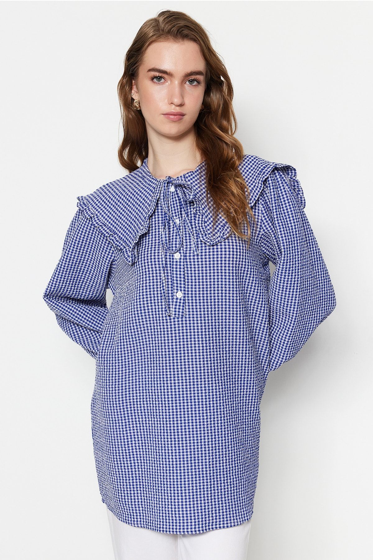 Trendyol Modest-Kék baba nyakörv Gingham mintás szőtt tunika TCTSS23UK00065 2