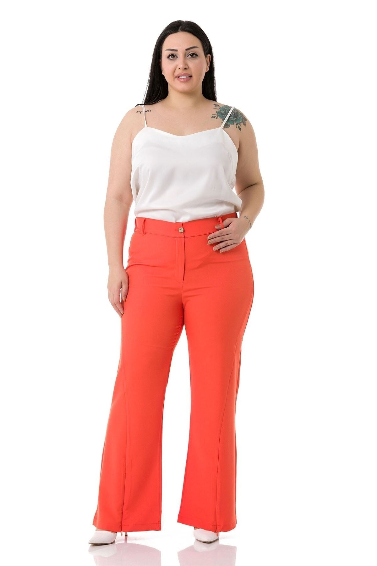 DISENTIS MODEST-Plus Size Orange Trousers with Zippered Legs and Elastic Waist Back 2