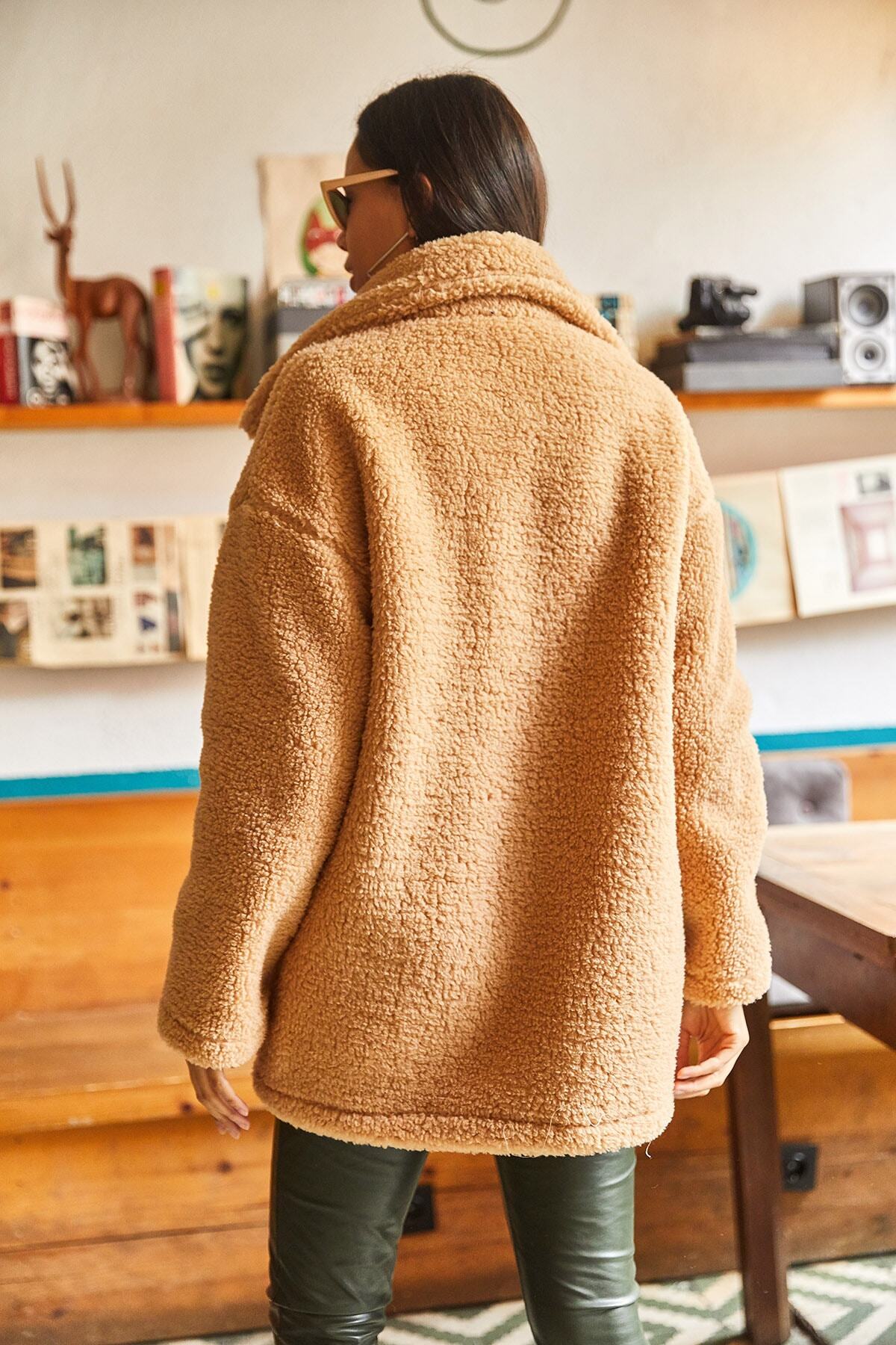 Olalook-Dámská oversize plyšová bunda s knoflíky z velbloudího peří, nepodšitá CKT-19000328 5