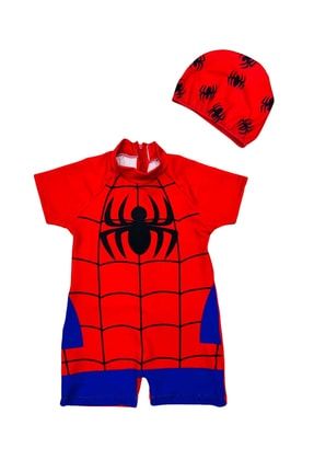 Erkek Çocuk Mini Spiderman Örümcek Adam Kısa Kollu Şortlu Sırt Yarım Fermuar Mayo Ve Bone Takımı lolsummer2223