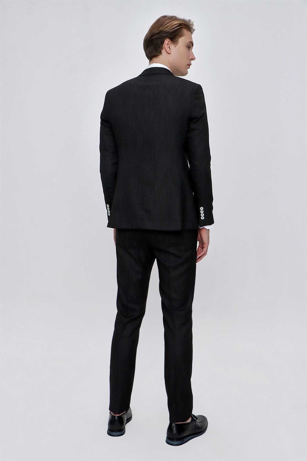 Morven Erkek Siyah Carrera Çizgili Kruvaze Slim Fit 6 Drop Takım Elbise