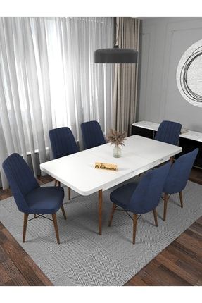 Beyaz 80x130 Yemek Masası Takımı Mutfak Masası Takımı Açılır Masa 6 Sandalyeli - Lacivert 001-001