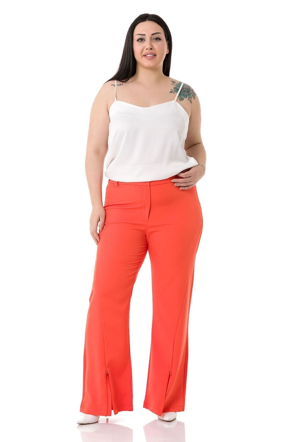 DISENTIS MODEST-Plus Size Orange Trousers with Zippered Legs and Elastic Waist Back 5