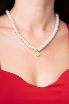 Ayenci Özel Tasarım Kadın Elmas Motifli Tatlı Su Kültür Incili Kadın Kolye