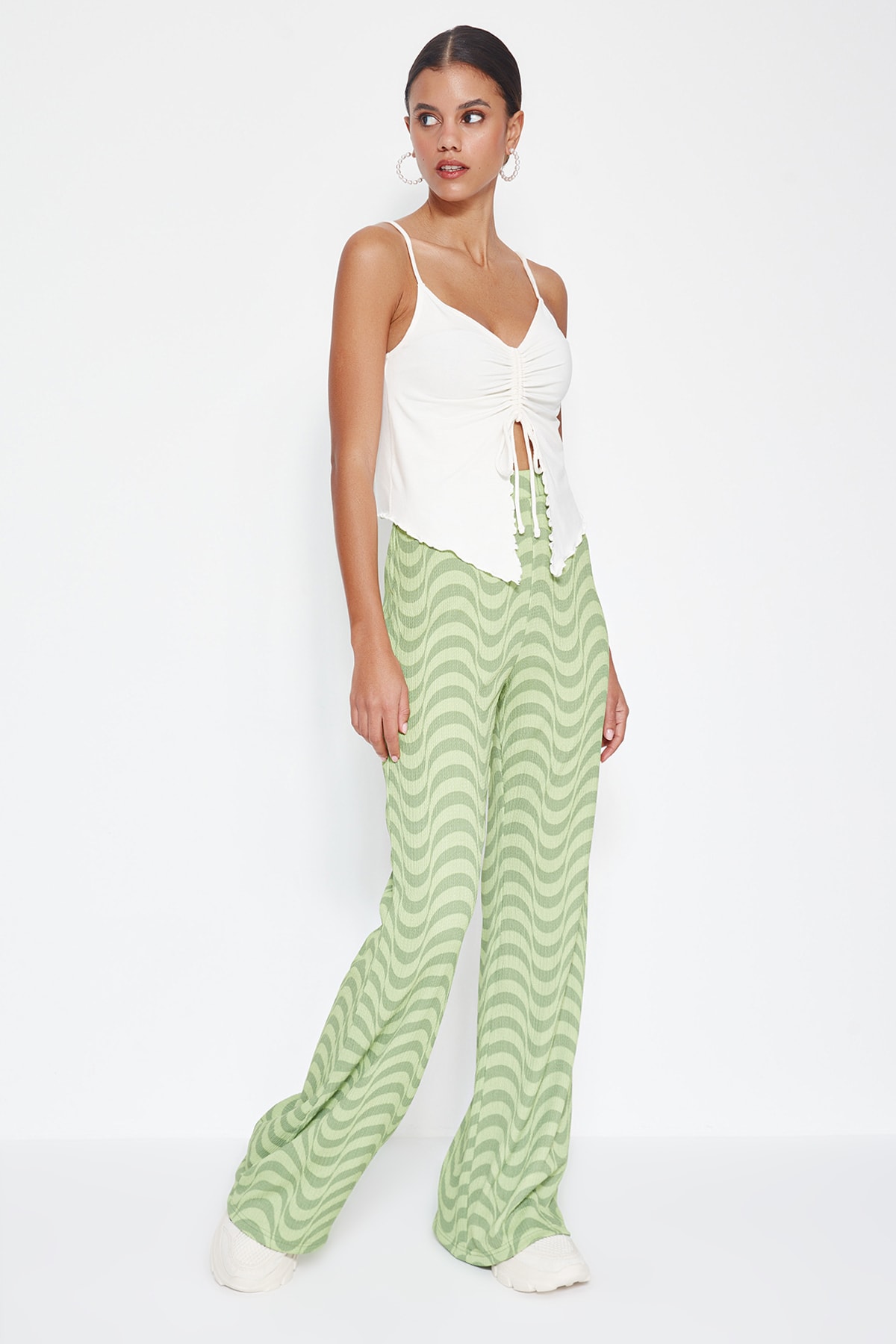 Trendyolmilla  Yeşil Bürümcük Wide Leg/Rahat Kesim Yüksek Bel Örme Pantolon TWOSS23PL00085