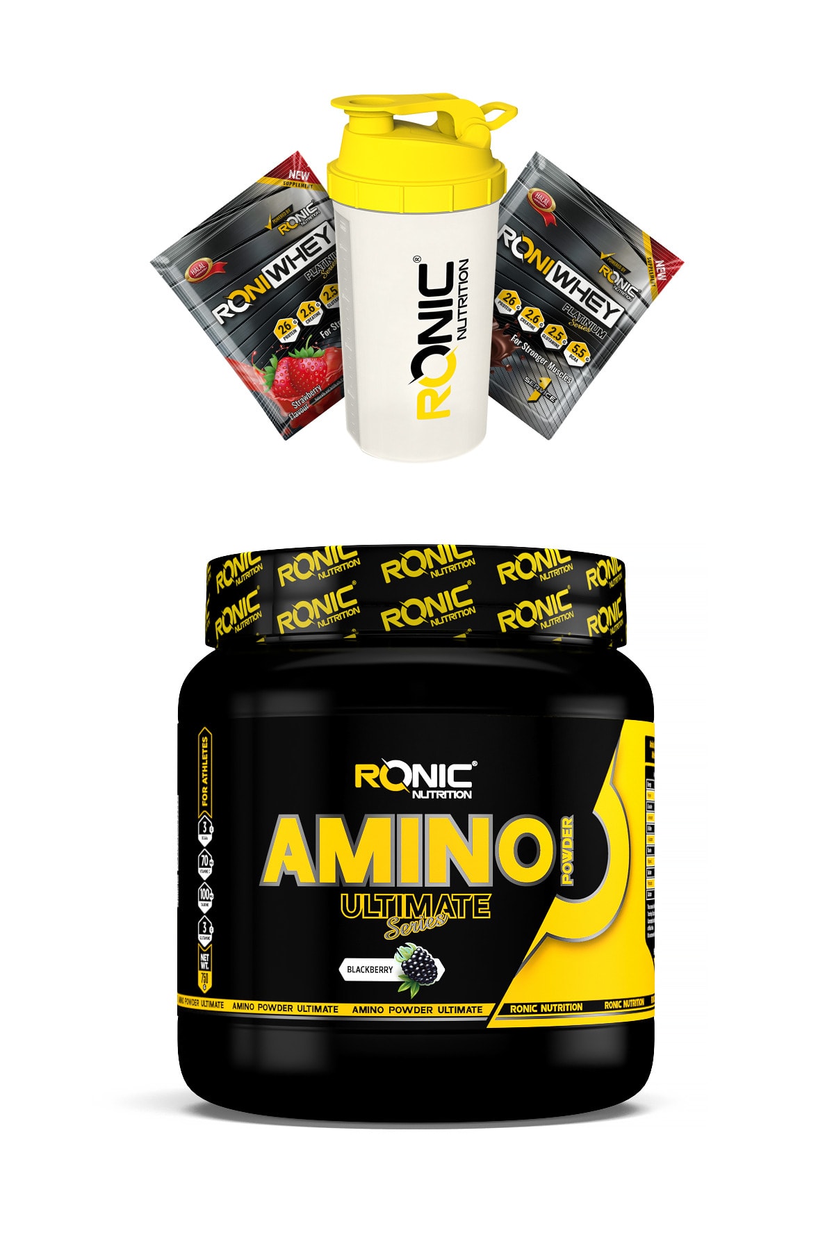 Ronic Nutrition Amino Powder 750 G (böğürtlen Aromalı) Shaker Ve 2 Adet Tek Kullanımlık Whey Hediye