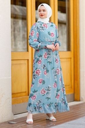 Çiçek Desen Lastikli Şifon Elbise - Mint MS00MP5006