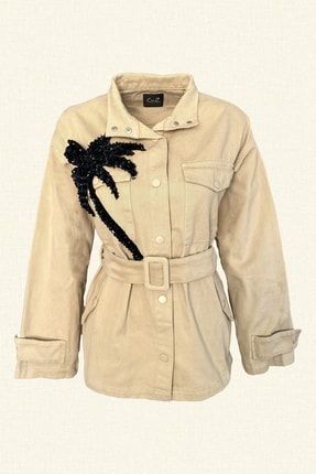 Siyah Palmiye Işlemeli Krem Renk Jean Ceket SPİKRJC