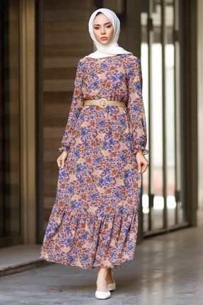 Yaprak Desenli Şifon Tesettür Elbise - Gül Kurusu MS00AN1012