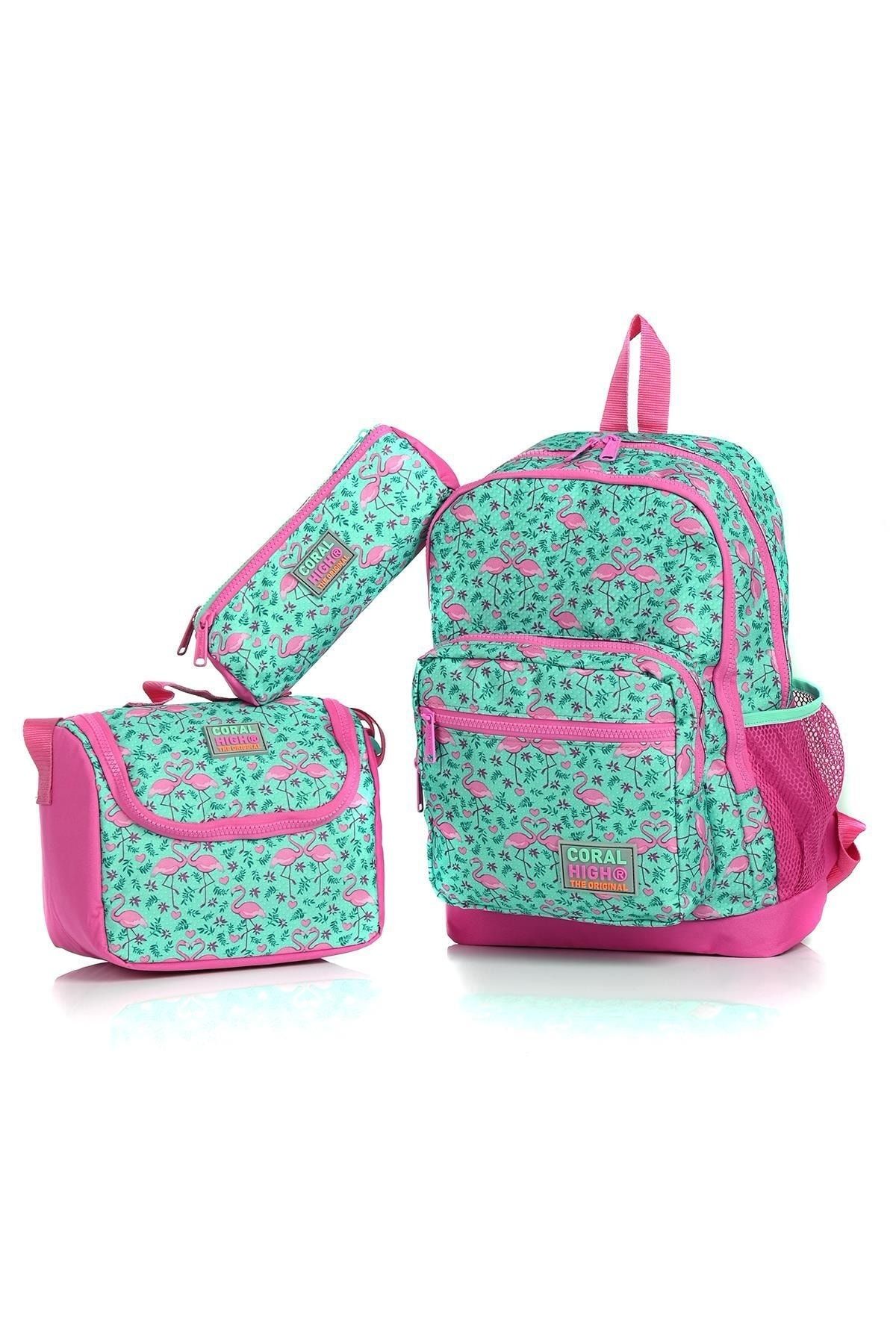 Coral High 23712 Su Yeşili Pembe Flamingo Desenli Dört Bölmeli 3' Lü Okul Çantası Seti