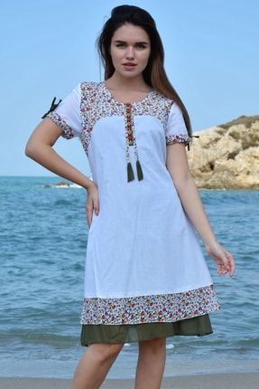 Kadın Yazlık Otantik Etnik Giyim Yazlık Beyaz Elbise - 3704-11 3704-BEYAZ