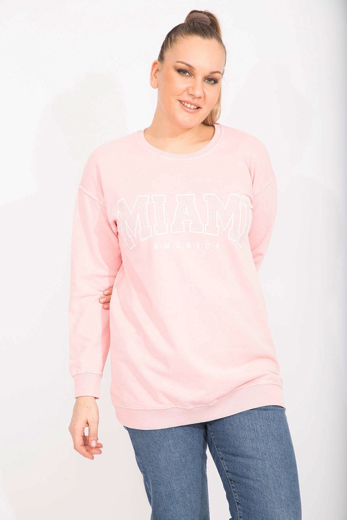 Şans Women's Large Size Pink Cotton Fabric Stone and Print Detailed  Sweatshirt 65n35482 - Trendyol
