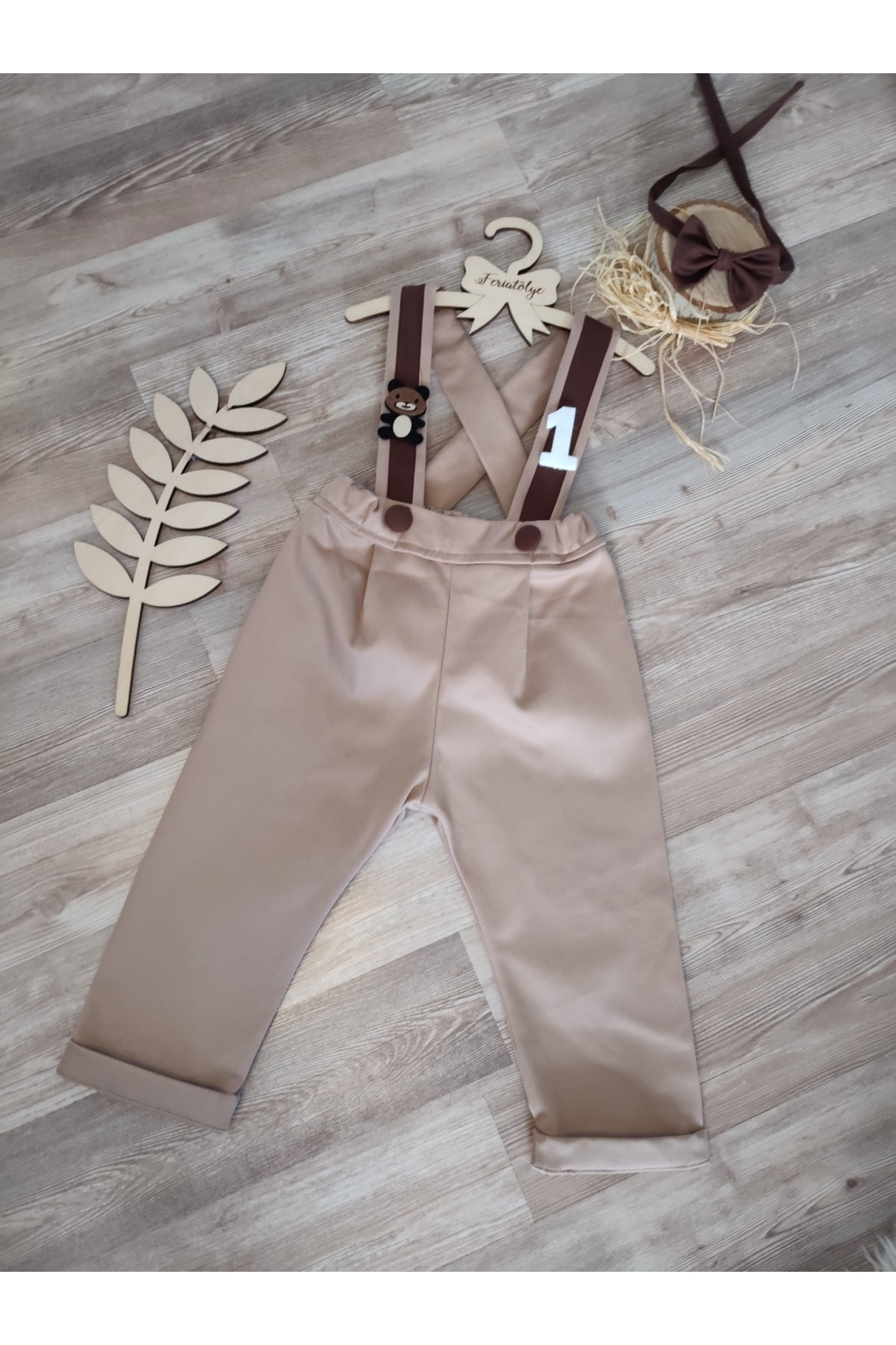 Feriatolye Ayıcık Konsepti Erkek Çocuk Salopet 1 Yaş Doğum Günü Kıyafeti fotoğrafı 3 (önizleme)