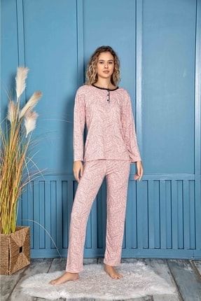 Pijama Takımı Penye Pembe Küçuk Cıçekli Uzun Kollu 3 Düğmeliı TYC00358500472