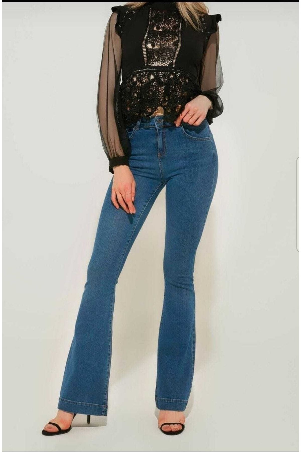Ramrod-Marisa Pantaloni de denim cu picior evazat albastru mediu, blugi evazați cu talie înaltă, compacti 4