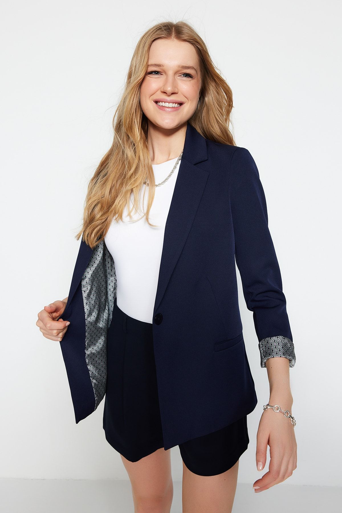 Trendyol Collection-Navy Blue Regular Gray Geometric Patterned Lined Single Button Pocket Woven Blazer Jacket Twoaw20Ce0316 4