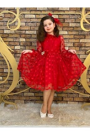 Kız Çocuk Kırmızı Puantiyeli Tüllü Elbise Toka Dahildir pistyleelbise2022