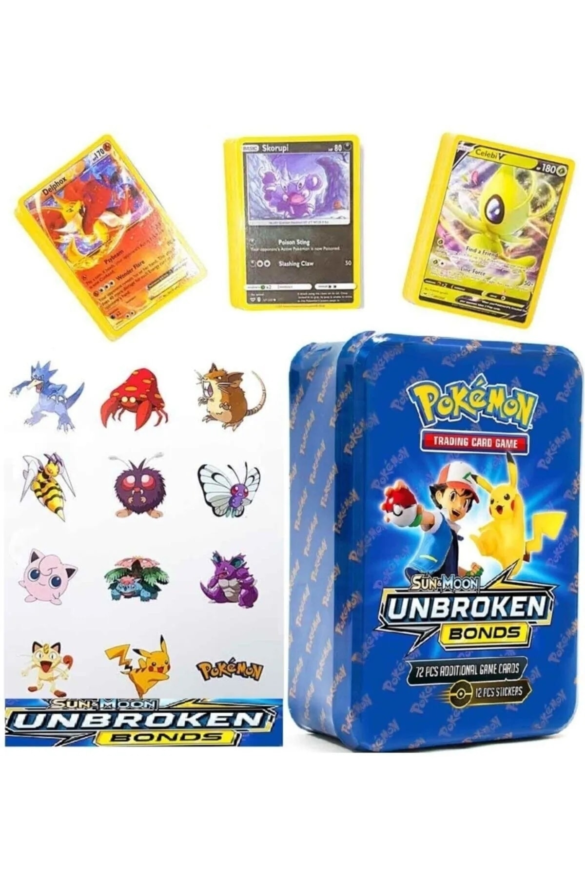 oyuncakçısavaş &europe shop Pokemon 72li 24 Sticker Oyun Kartı Karton Kutu Sun Moon Unbroken Bonds