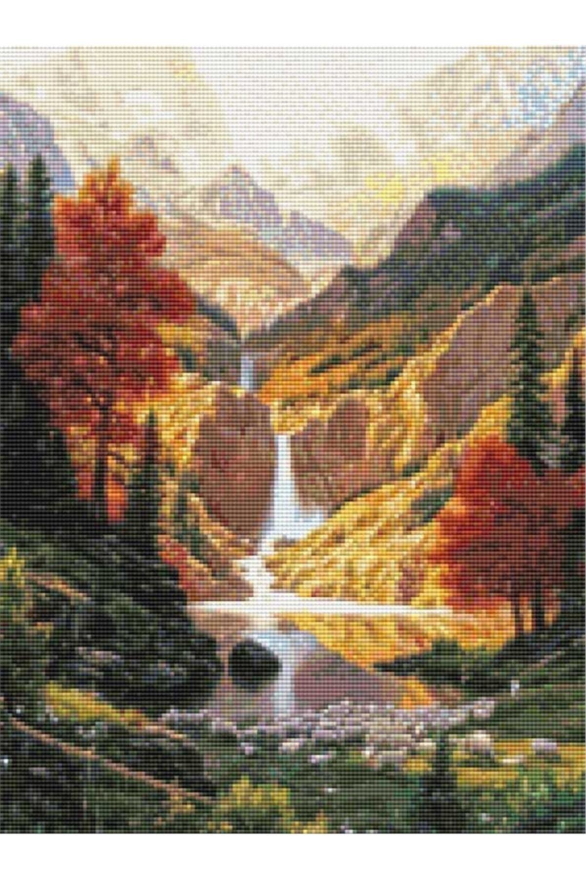 MOVAS Sanat Bahar'da Orman Ve Dağ Manzarası Elmas Mozaik Tablo / Mozaik Puzzle 35 X 45cm E20201309m